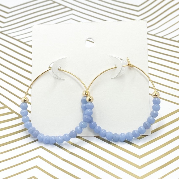 Jewelry - Gold beaded hoops light blue earrings